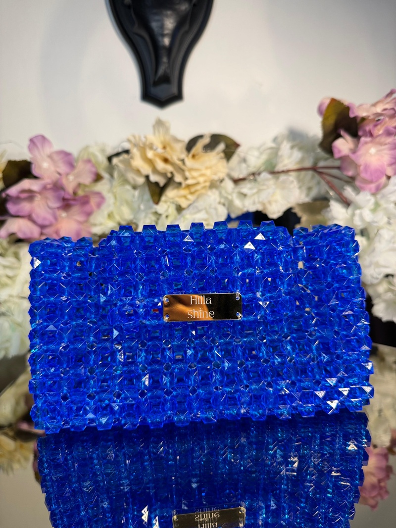 Kristalize boncuk saks mavisi clutch tasarım çanta